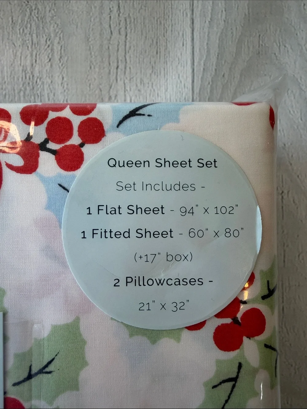 Cath Kidston Christmas Holly Print Queen Sheet Set NWT White Red Green Pink Blue